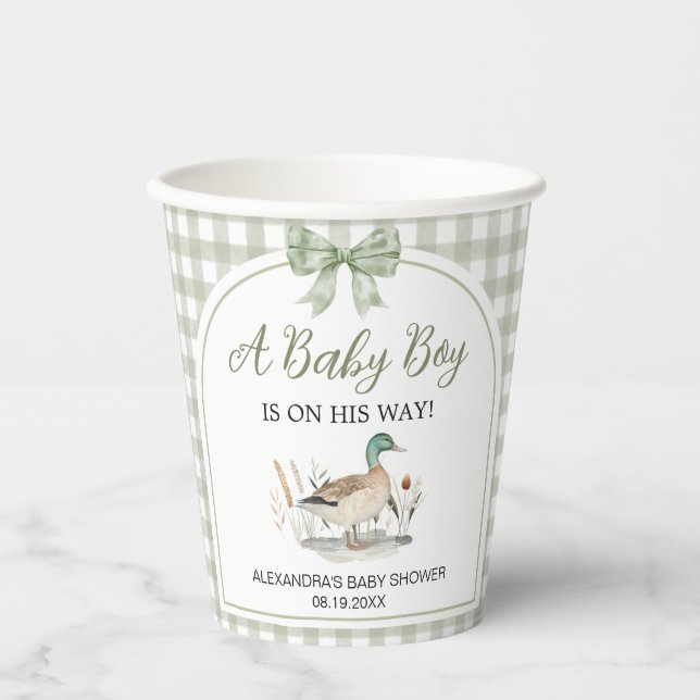 Gingham Sage Green Mallard Duck Baby Shower Paper Cups (Front)