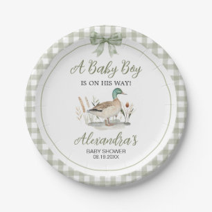 Gingham Sage Green Mallard Duck Baby Shower Paper Plate