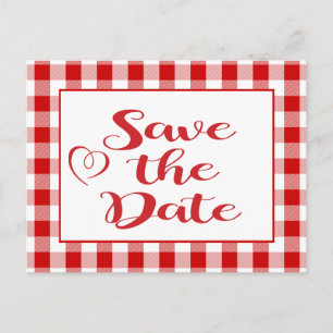 Gingham Save The Date Wedding Red White Checks Announcement Postcard