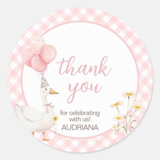 Gingham Silly Goose Birthday Party Classic Round Sticker (Front)
