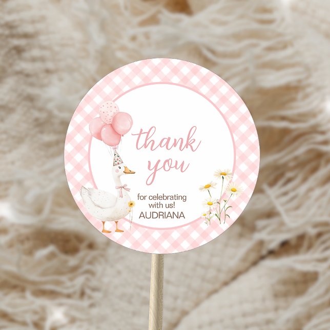 Gingham Silly Goose Birthday Party Classic Round Sticker (Creator Uploaded)