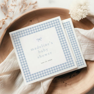 Gingham Simple Bow Dusty Blue Boys Baby Shower Napkin