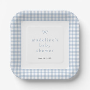 Gingham Simple Bow Dusty Blue Boys Baby Shower Paper Plate