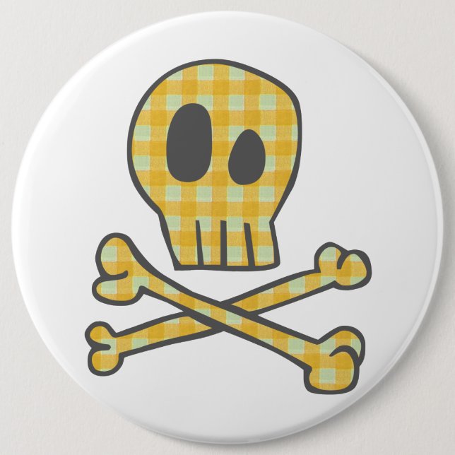 Gingham Skull & Bones - Yellow 6 Inch Round Button (Front)