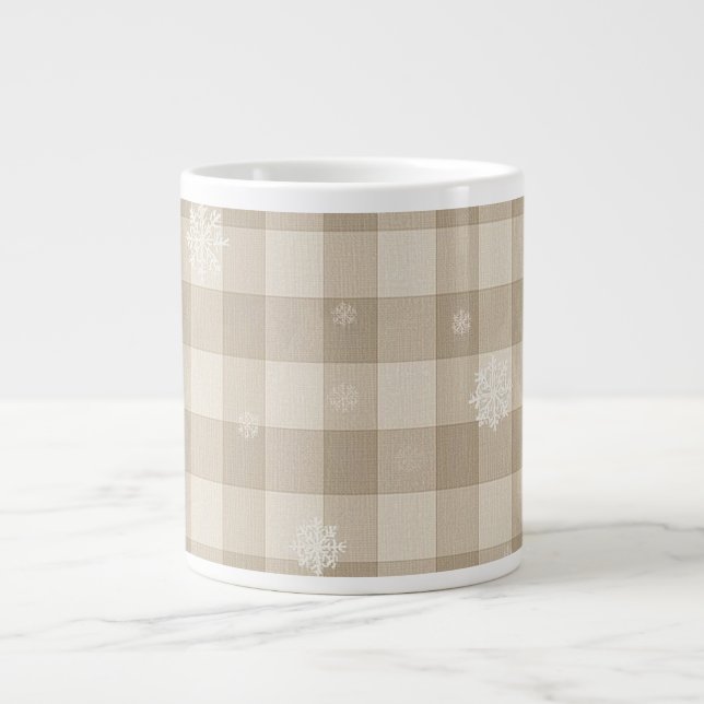 Gingham Snowflake Mug – Beige & Taupe Farmhouse (Front)