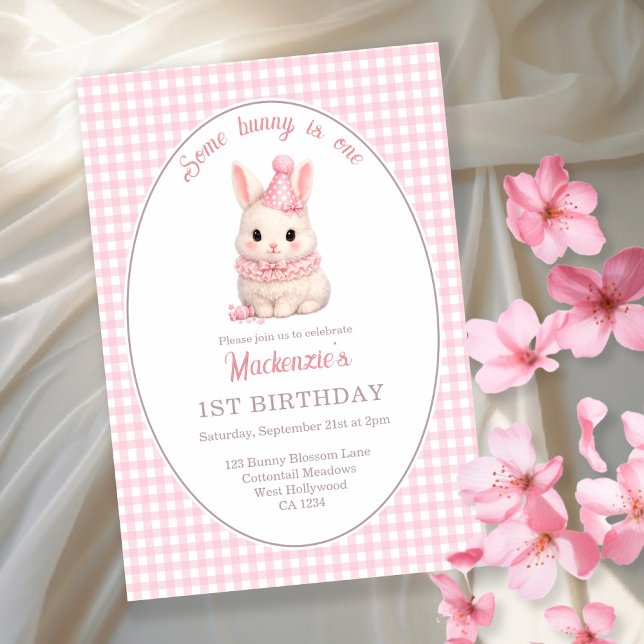 Gingham Some Bunny Is One Birthday Personalized Invitation (Gingham Some Bunny Is One Birthday Personalized Invitation by Ricaso. Pink bunny rabbit party)
