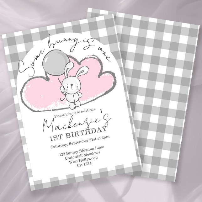 Gingham Some Bunny Is One Birthday Personalized Invitation (Gingham Some Bunny Is One Birthday Personalized Invitation by Ricaso. Pink bunny rabbit party)