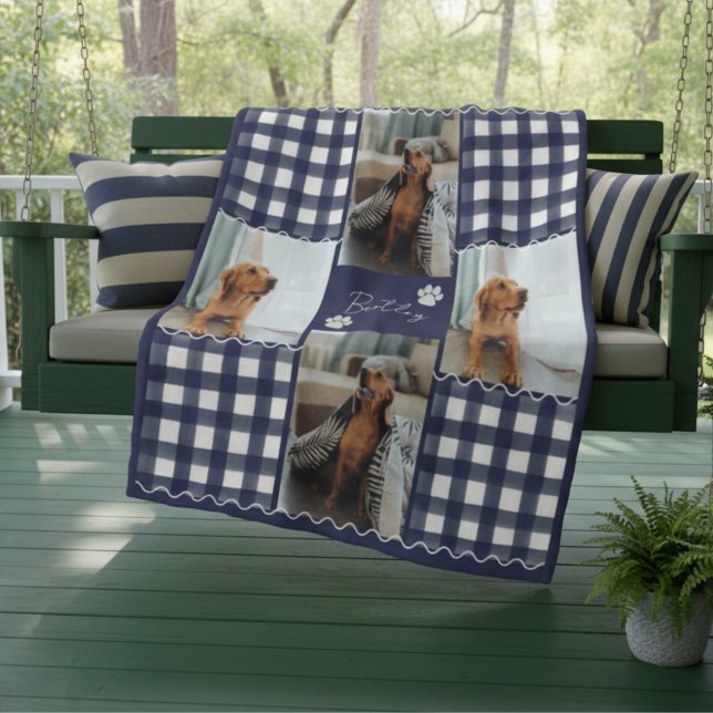 Gingham Squiggle Pet Four Photo Grid Fleece Blanket (Cozy up with your favorite photos with this Gingham Squiggle Pet Four Photo Grid Fleece Blanket!)