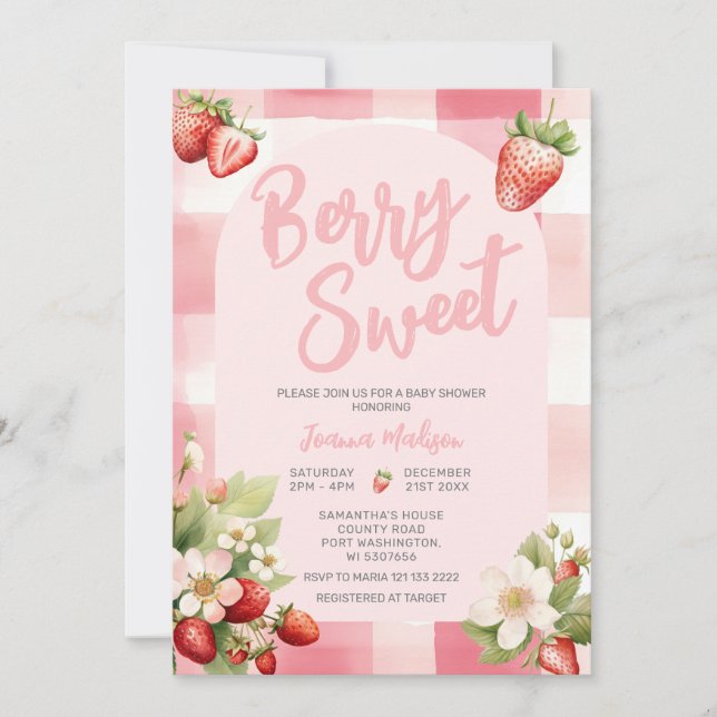 Gingham Strawberry Berry Sweet Baby Shower  Invitation (Front)