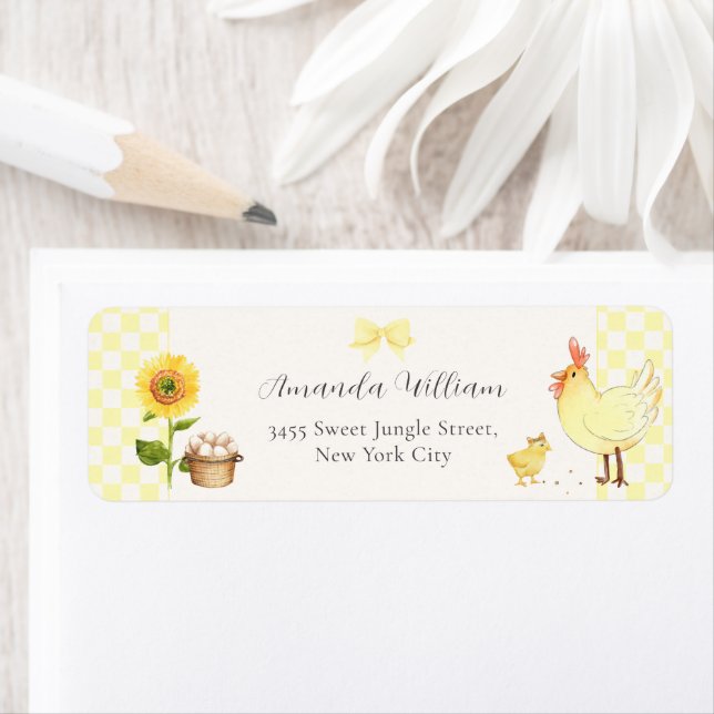 Gingham Sunflower Chick Baby Shower Return Address (Insitu)