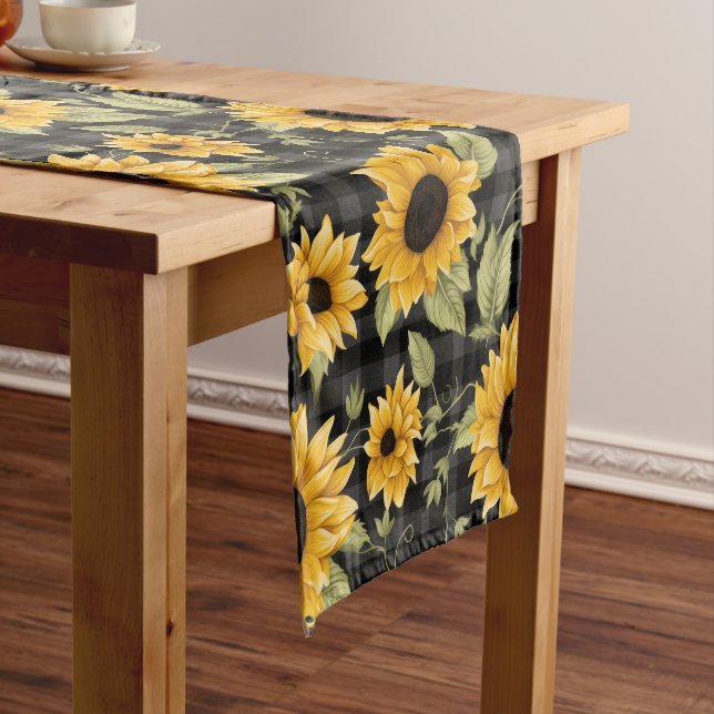 Gingham Sunflowers Pattern Short Table Runner (In Situ)