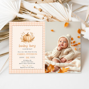 Gingham Sweet Baby Boy Pumpkin Photo Baby Shower Invitation