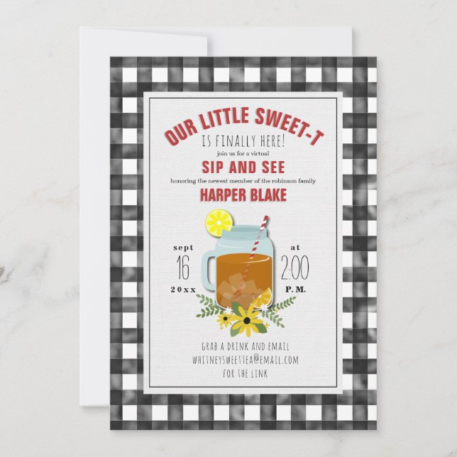 Gingham Sweet Tea Floral Baby Virtual Sip & See Invitation (Front)