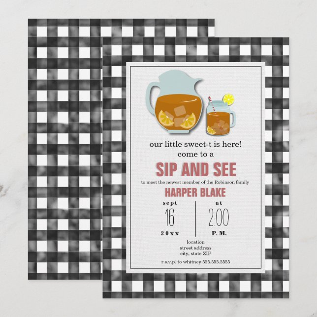 Gingham Sweet Tea Sip & See Baby Invitation (Front/Back)