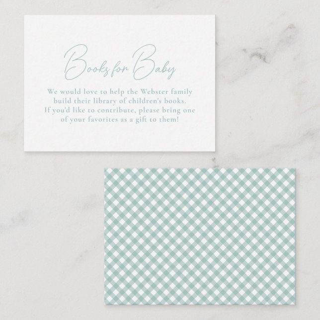 Gingham teal simple cute books for baby shower enclosure card (Front/Back)