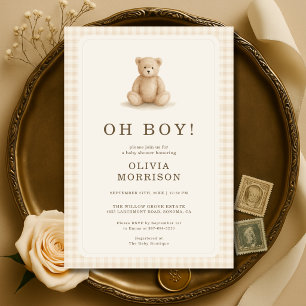 Gingham Teddy Bear Oh Boy Neutral Baby Shower Invitation