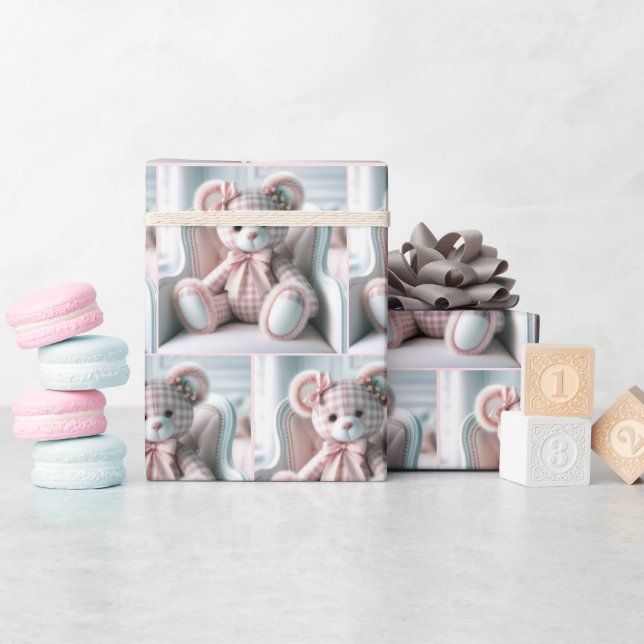 Gingham Teddy Bear On a Chair Wrapping Paper (Baby Shower)