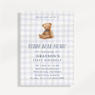 Gingham Teddy Bear Picnic First Birthday  Invitation