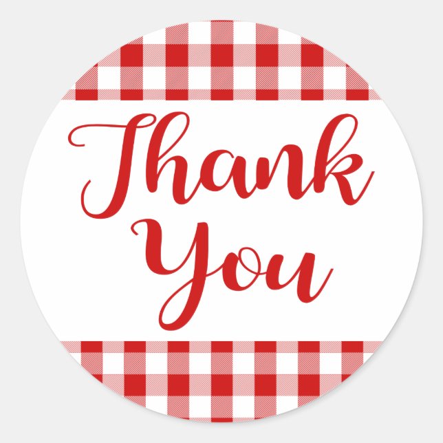 Gingham Thank You Red And White Check Plaid Classic Round Sticker (Front)