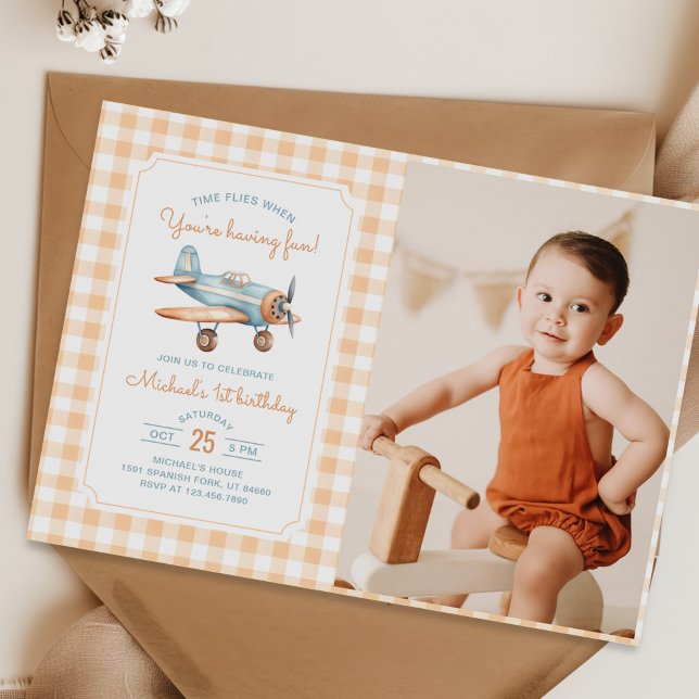 Gingham Time Flies Airplane First Birthday Photo Invitation (Creator Uploaded)