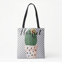 Gingham Tote Bag with Cactus pot Customizable