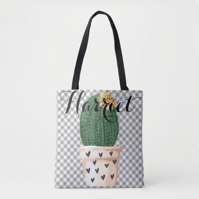 Gingham Tote Bag with Cactus pot Customizable (Front)