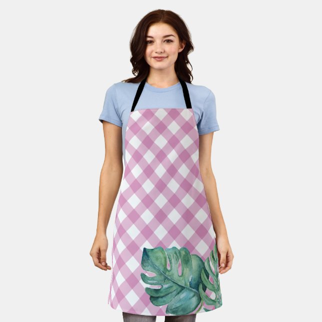 Gingham Tropical Pink Kitchen Apron for Her (Worn)