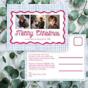 Gingham Wavy Pink Blue Christmas Custom 3 Photo  Holiday Postcard