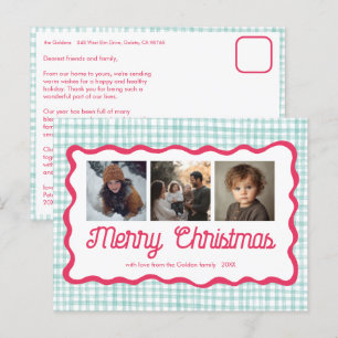 Gingham Wavy Pink Green Christmas Custom 3 Photo  Holiday Postcard