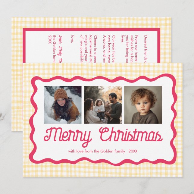 Gingham Wavy Pink Yellow Christmas Custom 3 Photo  Holiday Card (Front/Back)