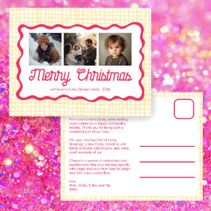 Gingham Wavy Pink Yellow Christmas Custom 3 Photo  Holiday Postcard