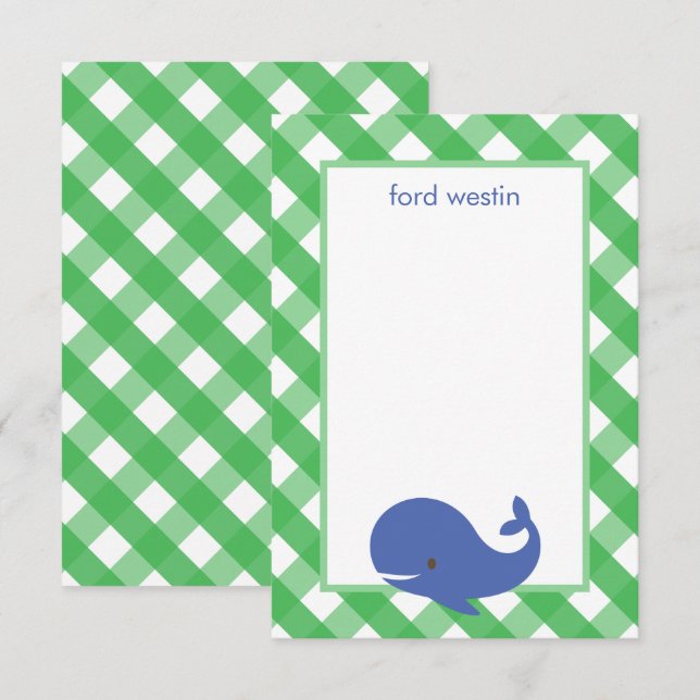Gingham Whale Personalized Note Cards (Front/Back)