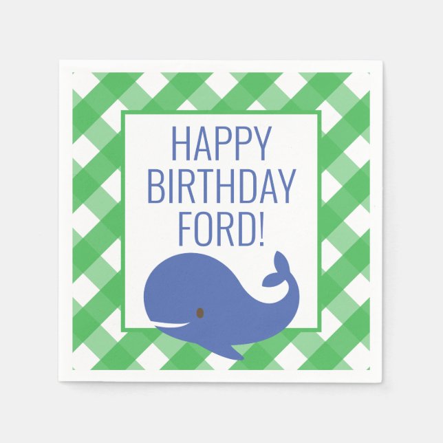 Gingham Whale Personalized Party Napkins (Front)