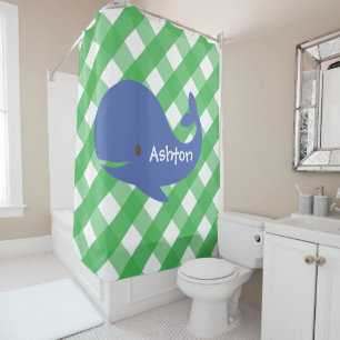 Gingham Whale Personalized Shower Curtain