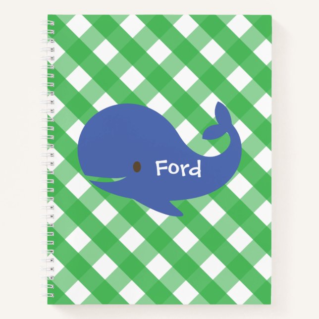 Gingham Whale Personalized Spiral Notebook (Front)