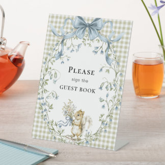 Gingham Woodland Squirrel Baby Shower Guest Book Pedestal Sign