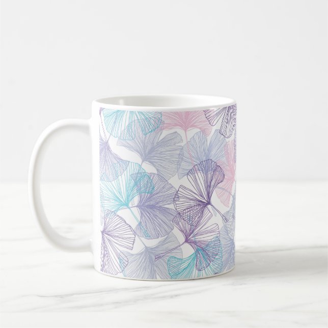 Gingko biloba seamless background pattern. Purple, Coffee Mug (Left)