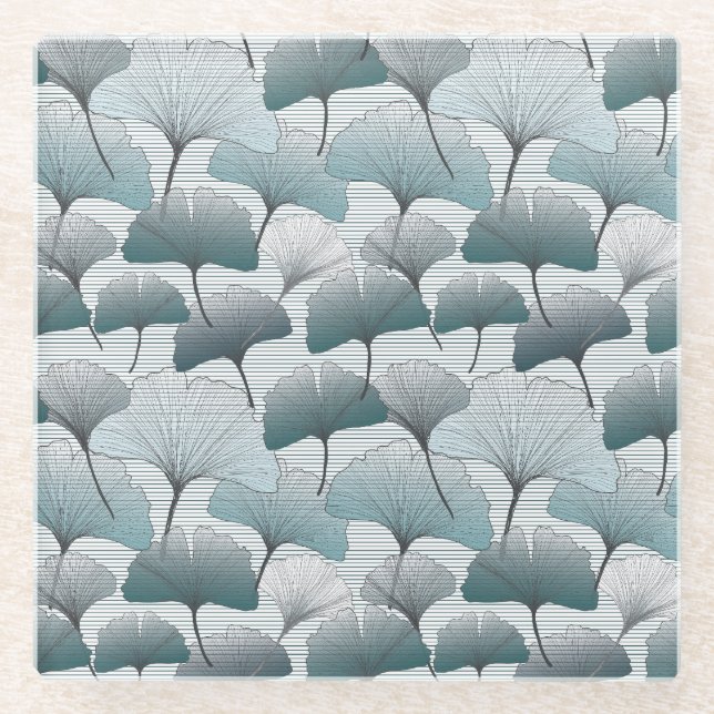 Gingko biloba, seamless blue pattern. glass coaster (Front)