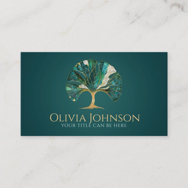 Gingko Leaf Tree - Emerald Marble and Gold Business Card (Front)