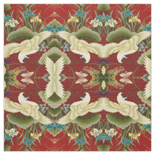 Gingko Leaves & Cranes Red Fabric