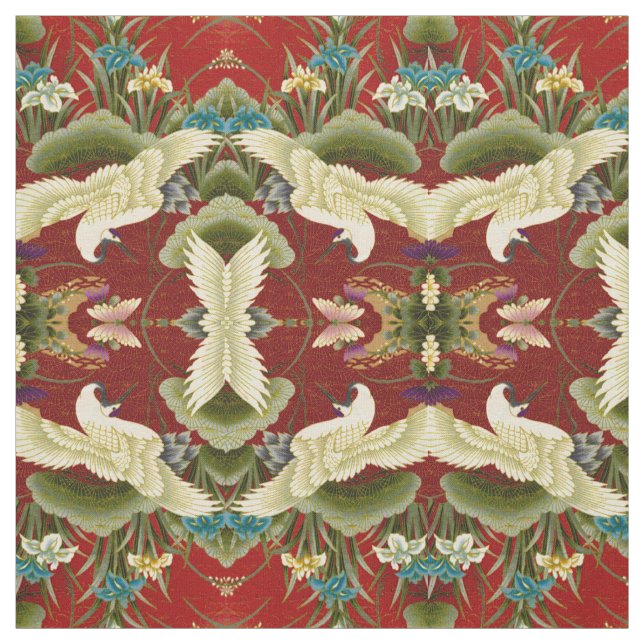 Gingko Leaves & Cranes Red Fabric (Swatch)