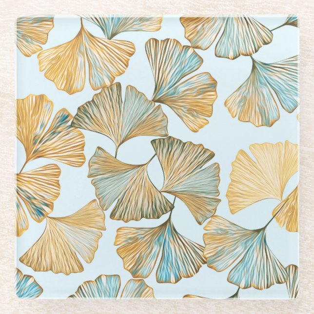 Gingko Leaves Watercolor Seamless Pattern Glass Coaster (Front)