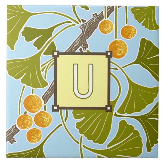 Ginkgo Dance Monogram Letter U Tile (Front)