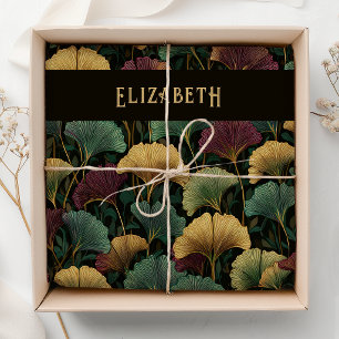 Ginkgo Leaf Pattern Monogram Name Teal Burgundy  Tissue Paper