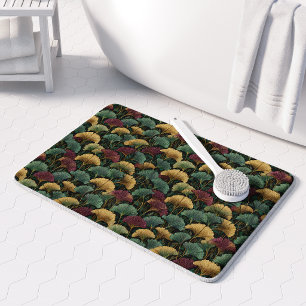 Ginkgo Leaf Pattern Teal Burgundy Bath Mat