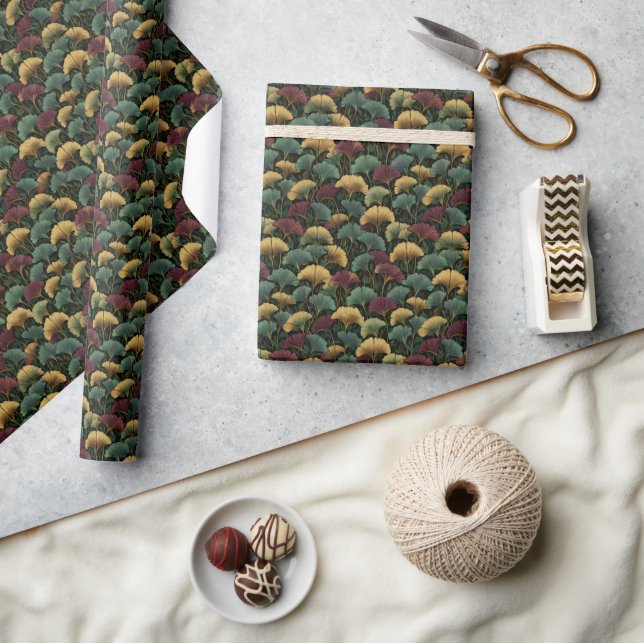 Ginkgo Leaf Pattern Teal Burgundy  Wrapping Paper (Crafts)