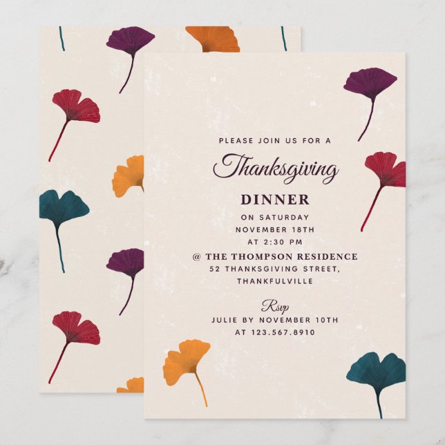 Ginkgo Leaf Watercolor Fall Autumn Thanksgiving Invitation (Front/Back)
