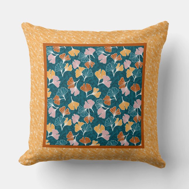 Ginkgo Leaves on Ocean Blue with Gold Border Throw Pillow (Front)