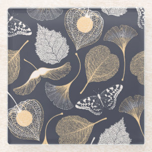 Ginkgo Leaves: Seamless Floral Elegance. Glass Coaster