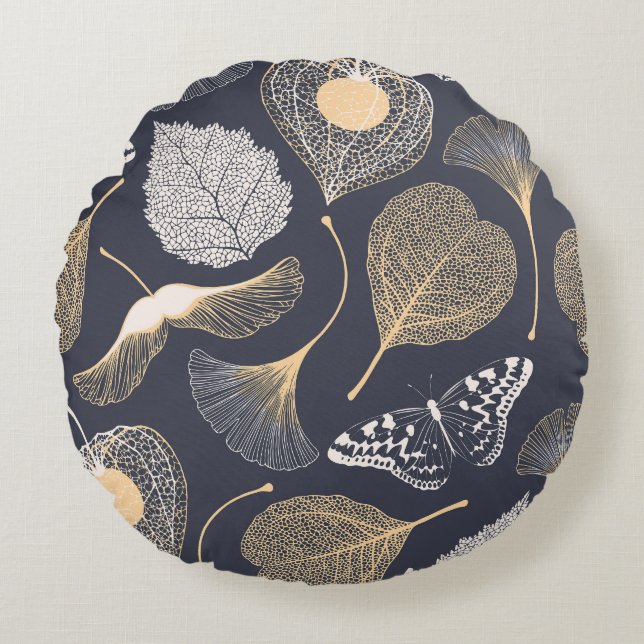 Ginkgo Leaves: Seamless Floral Elegance. Round Pillow (Front)